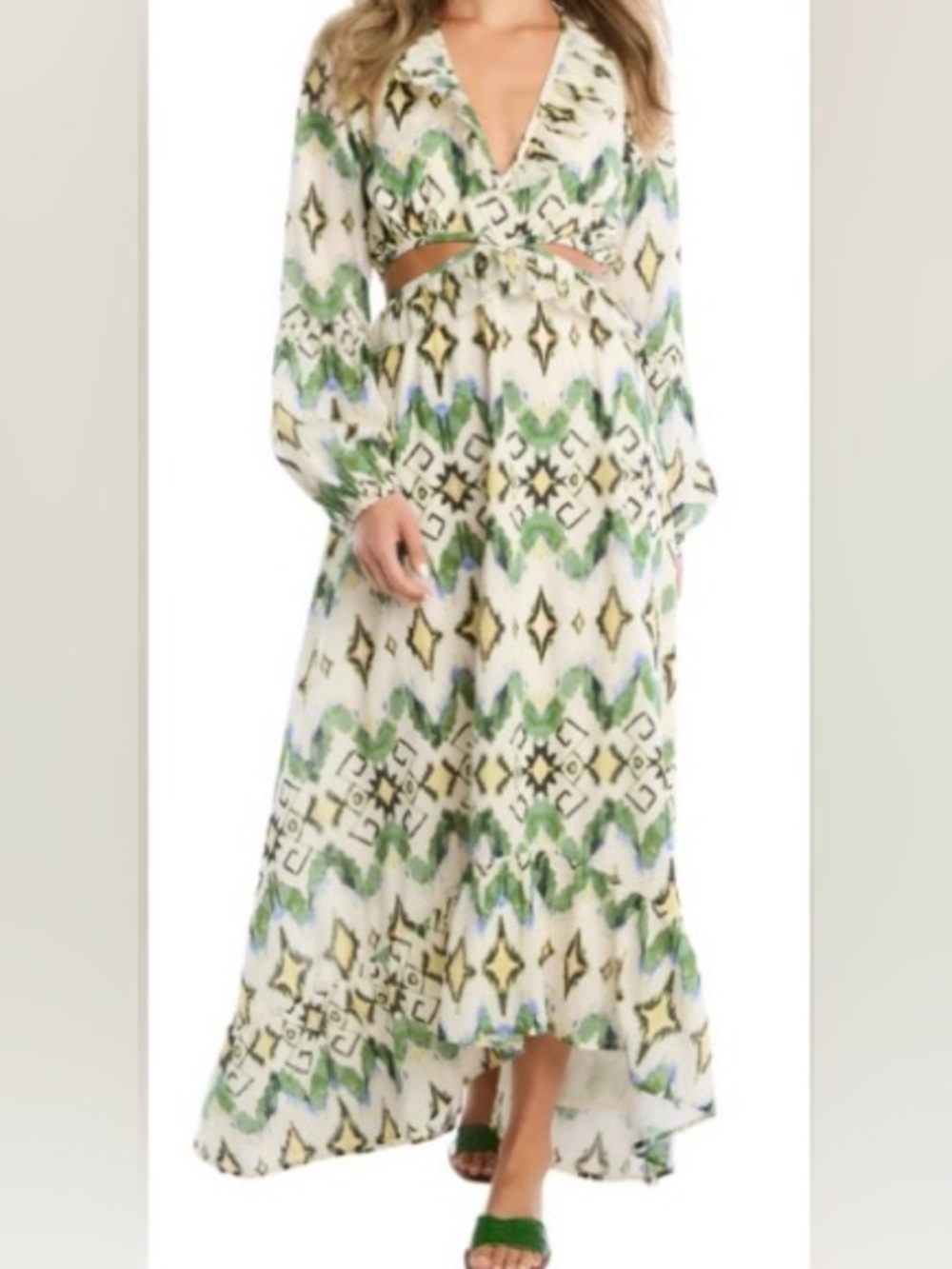 Allison NY Everly Bohemian Maxi Dress In Green/Cream/Blue Accents/Cut Outs: S